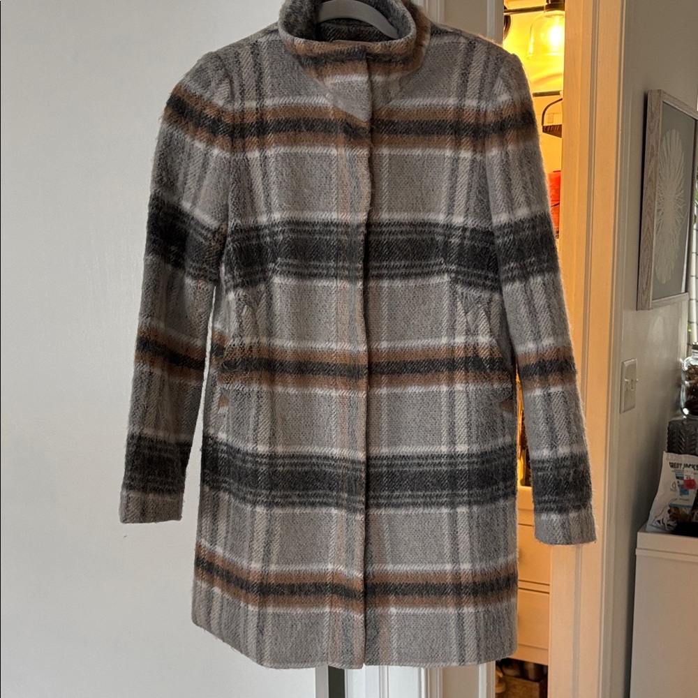 LOFT Plaid Wool Blend Funnel Neck Coat Gray Brown XS - Picture 2 of 3